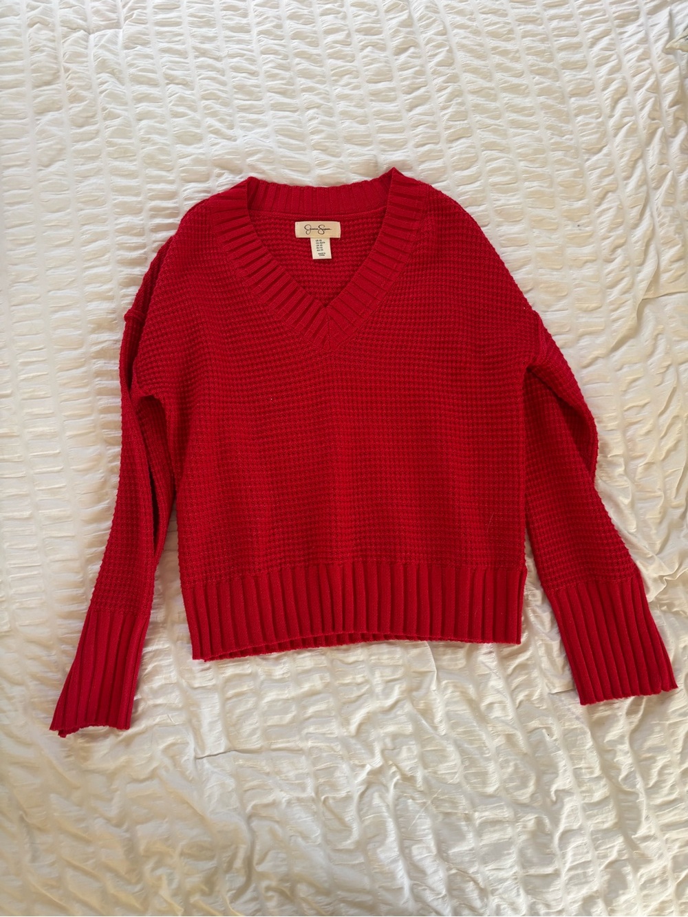 Jessica Simpson Red V-Neck Waffle Knit Sweater